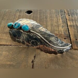 Vintage Native Navajo Sterling Silver Feather Belt Buckle with Turquoise Stones